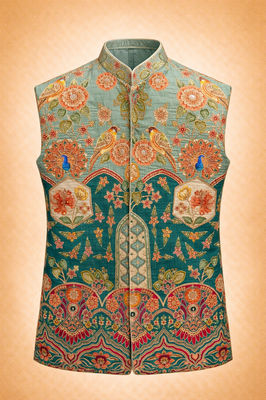 Men Green Ethnic Floral & Peacock Printed Nehru Jacket