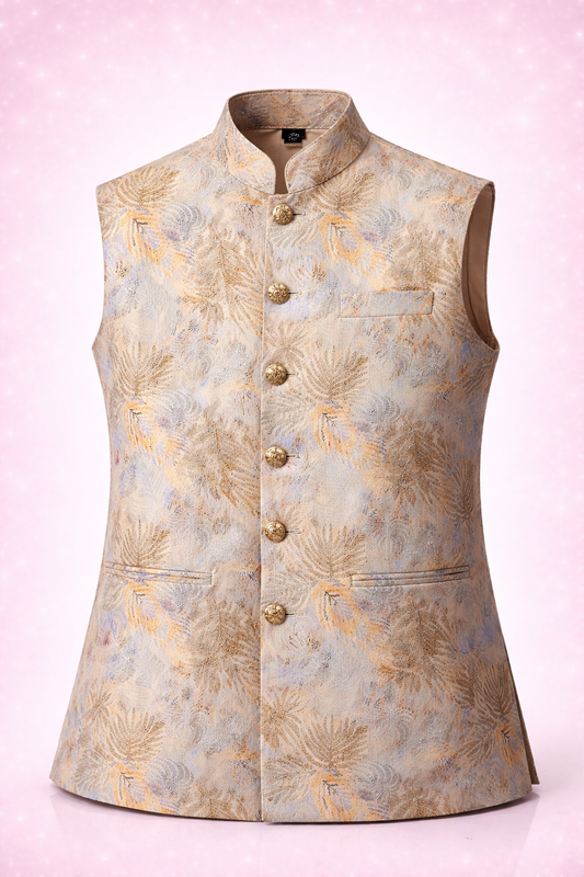 Premium Golden Floral Jacquard Nehru Jacket