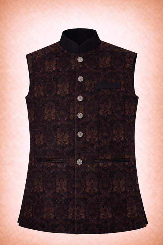 Men’s Dark Brown & Black Floral Brocade Pattern Nehru Jacket