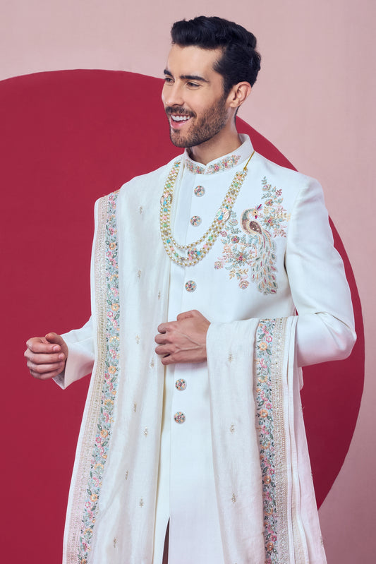 Royal White Embroidered Sherwani – Crafted Just for You. Minimum Delivery: 20 Days