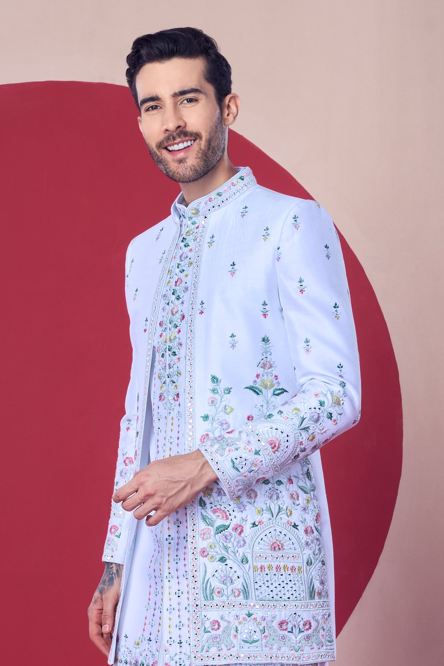 White Hand-Embroidered Indo-Western Jodhpuri Set - Crafted Just for You. Minimum Delivery: 20 Days