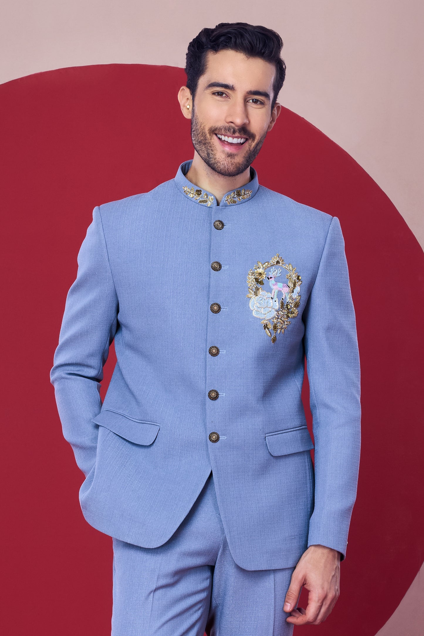 Sky Blue Embroidered Jodhpuri Suit- Crafted Just for You. Minimum Delivery: 20 Days