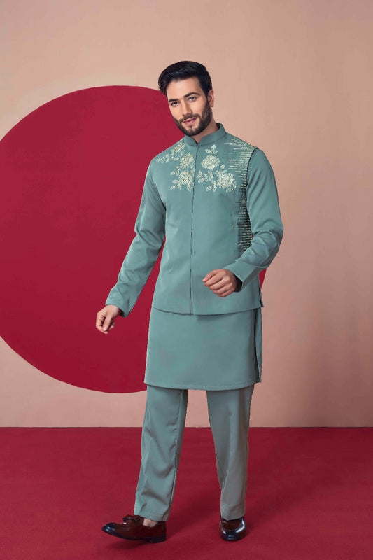 Sage Green Embroidered Jodhpuri Kurta Set - Crafted Just for You. Minimum Delivery: 20 Days