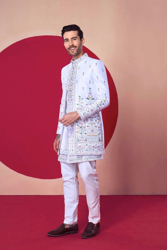 White Hand-Embroidered Indo-Western Jodhpuri Set - Crafted Just for You. Minimum Delivery: 20 Days