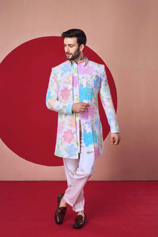 Pastel Floral Indo-Western Jodhpuri Set - Crafted Just for You. Minimum Delivery: 20 Days