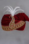 Royal Maroon Velvet Groom Safa with Feather & Stone Brooch