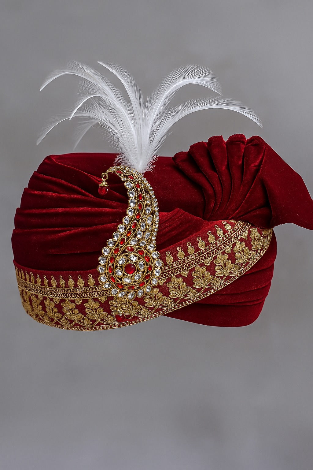 Royal Maroon Velvet Groom Safa with Feather & Stone Brooch