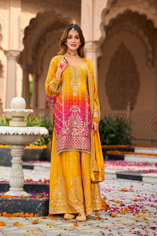 Radiant Mustard & Pink Embroidered Punjabi Suit for Women