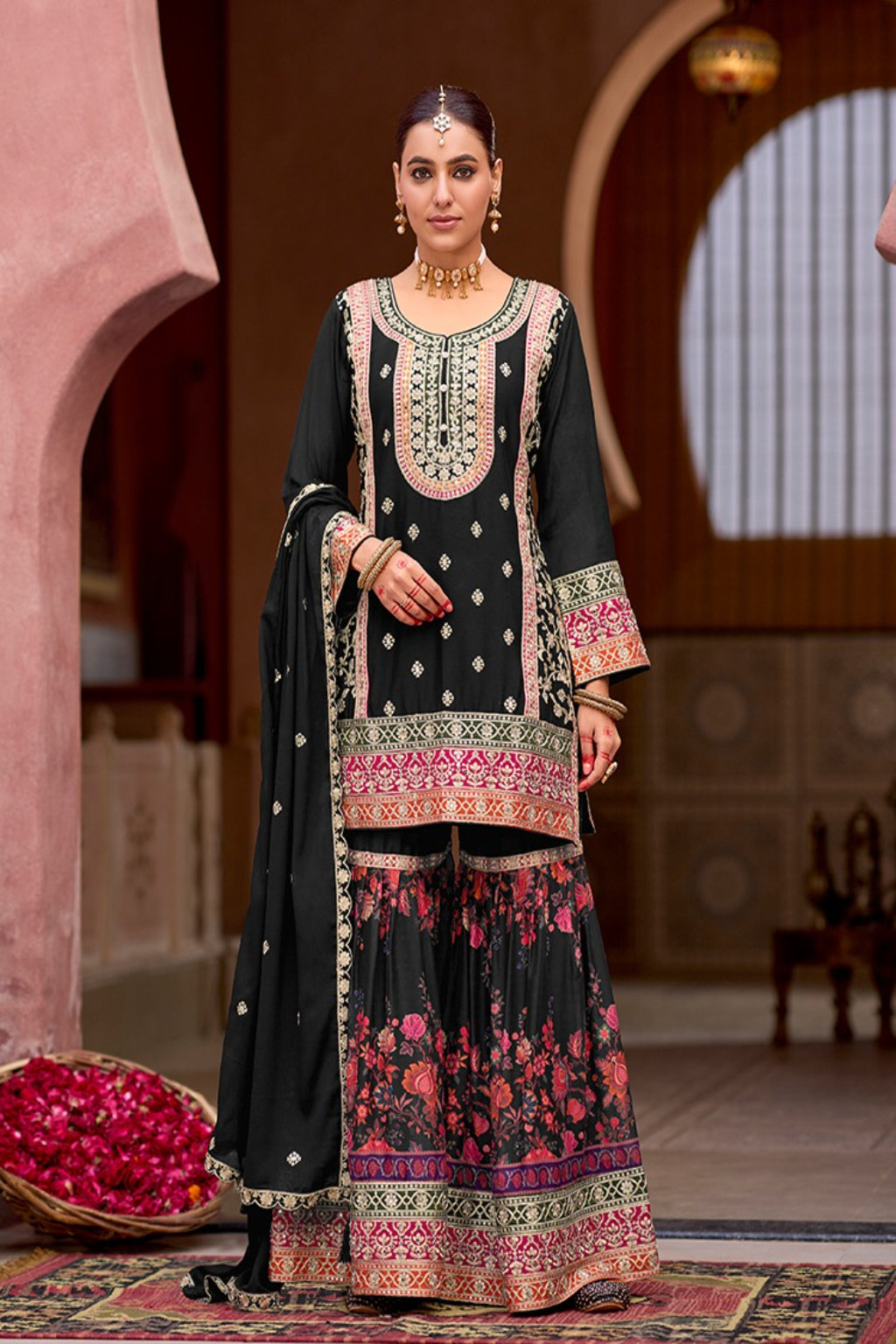 Graceful Black Floral Embroidered Sharara Suit for Women