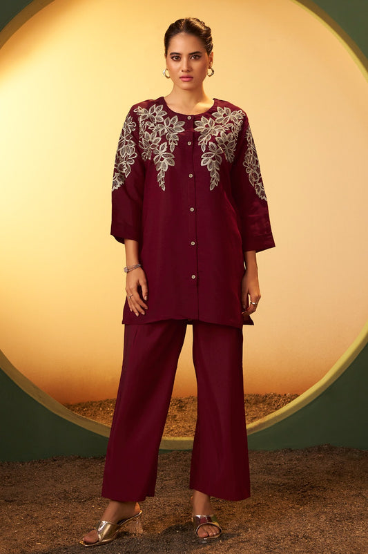 Deep Maroon Embroidered Tunic and Trouser Set