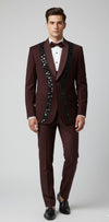 Wine Embroidered Tuxedo Suit - Crafted Just for You.