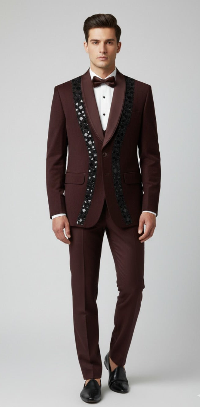 Wine Embroidered Tuxedo Suit - Crafted Just for You.