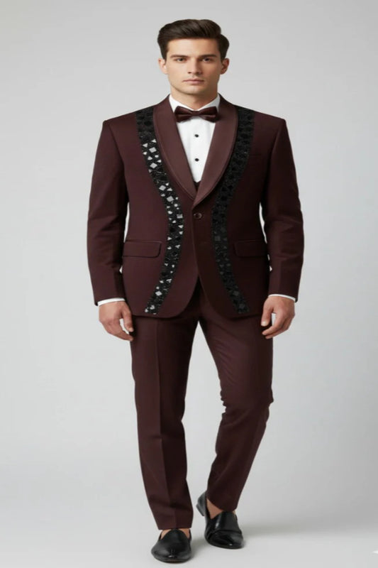 Wine Embroidered Tuxedo Suit - Crafted Just for You.