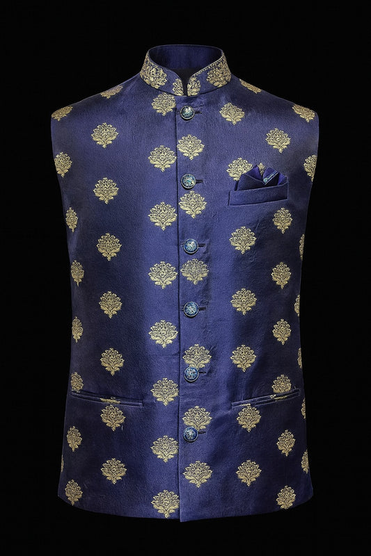 Royal Navy Blue Zari Embroidered Nehru Jacket