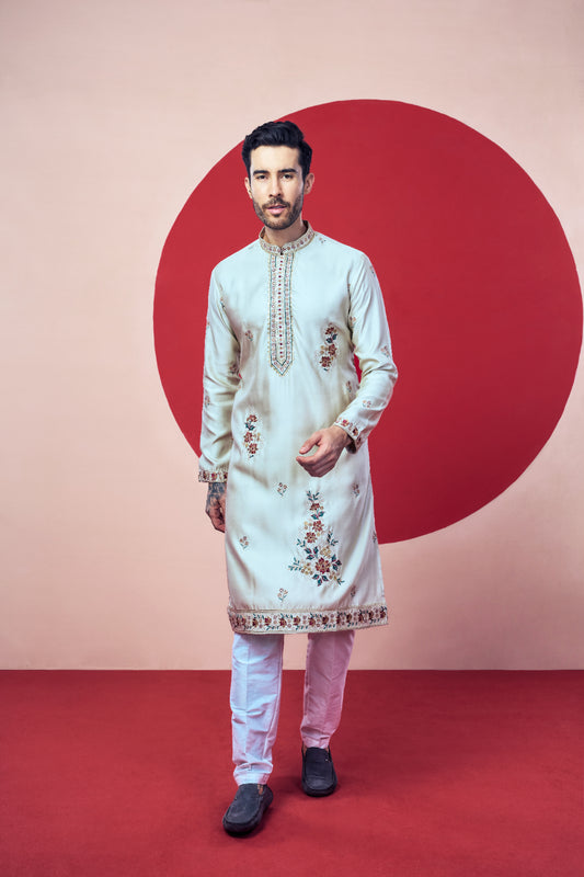 Men’s Cream Silk Kurta – Handcrafted Floral Embroidery - Crafted Just for You. Minimum Delivery: 20 Days