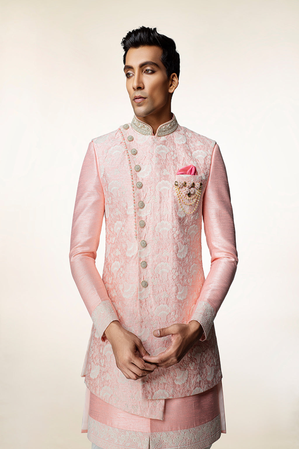 Pastel Pink Sherwani with Dhoti - Crafted Just for You. Minimum Delivery: 20 Days