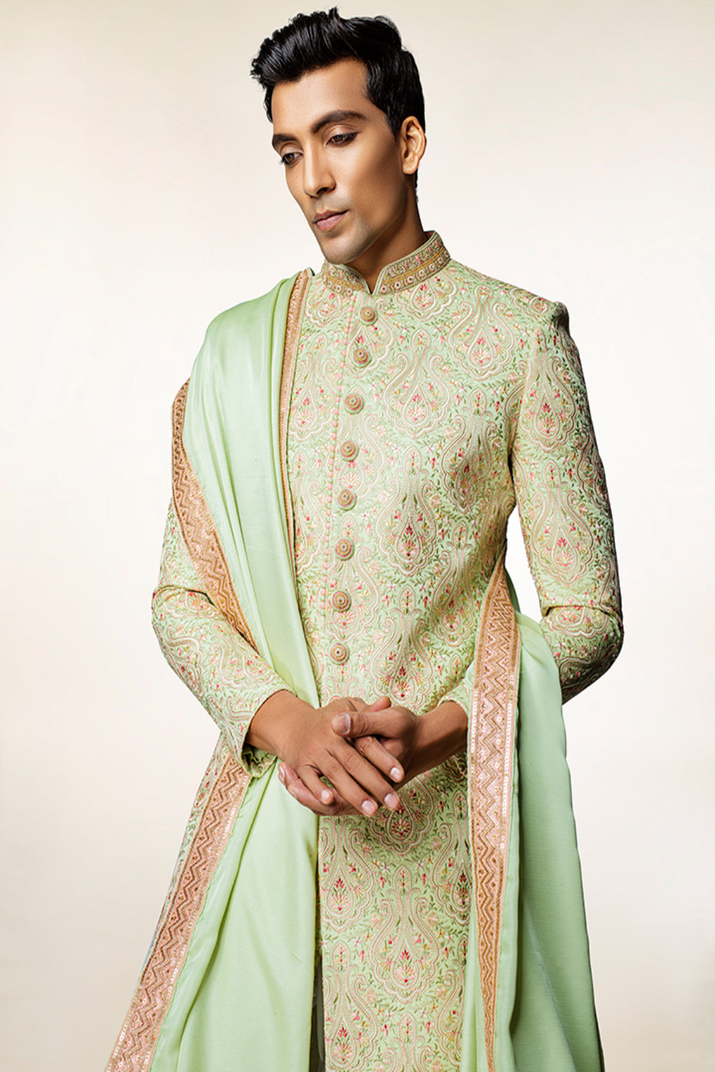 Pastel Green Embroidered Sherwani with Dupatta - Crafted Just for You. Minimum Delivery: 20 Days
