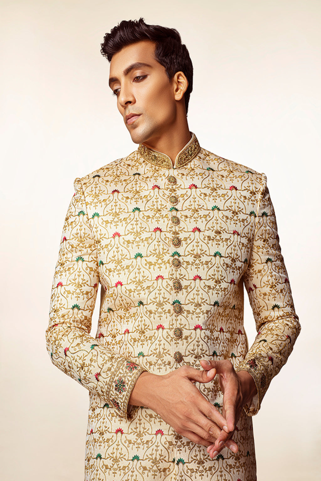 Ivory and Gold Embroidered Sherwani Set - Crafted Just for You. Minimum Delivery: 20 Days