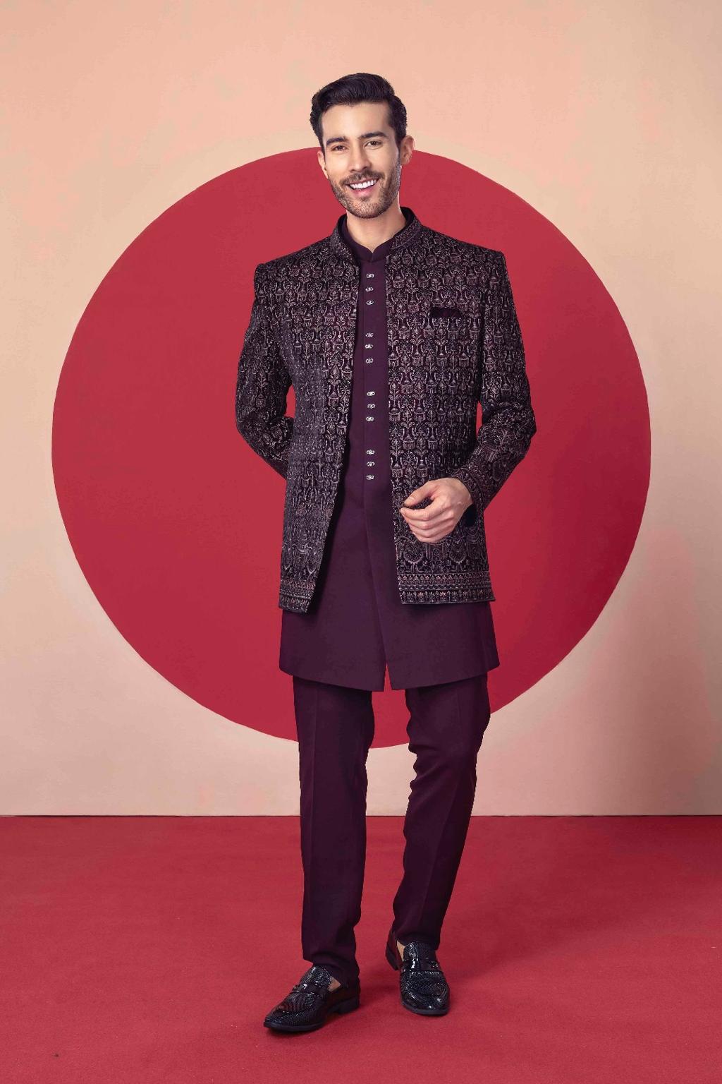 Designer Maroon Indo-Western Suit – Crafted Just for You. Minimum Delivery: 20 Days