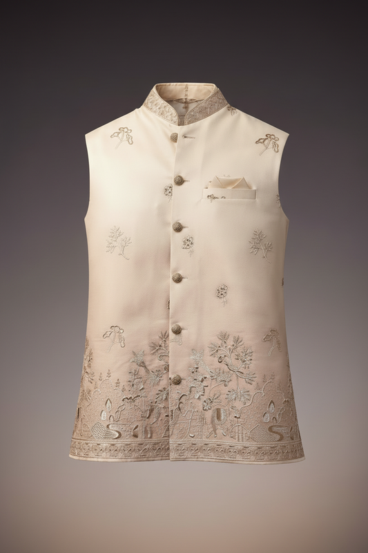 Royal Ivory Embroidered Rajneeti Jacket Premium Silk Blend Nehru Waistcoat