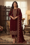 “Premium Wine Velvet Suit with Heavy Golden Embroidery”