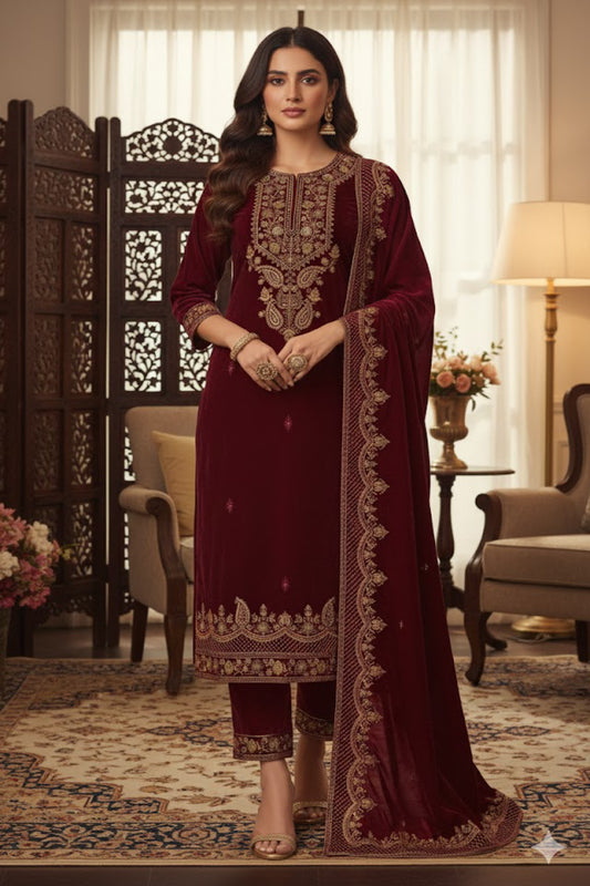 “Premium Wine Velvet Suit with Heavy Golden Embroidery”