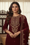 “Premium Wine Velvet Suit with Heavy Golden Embroidery”