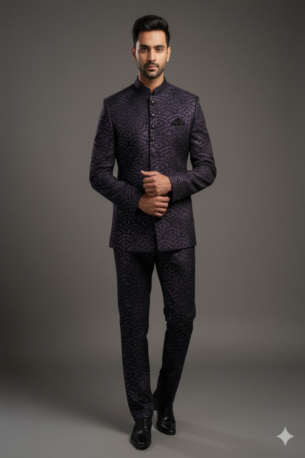 Stitched Designer Suit With Unstitched Pant Fabric – Black Purple Texture