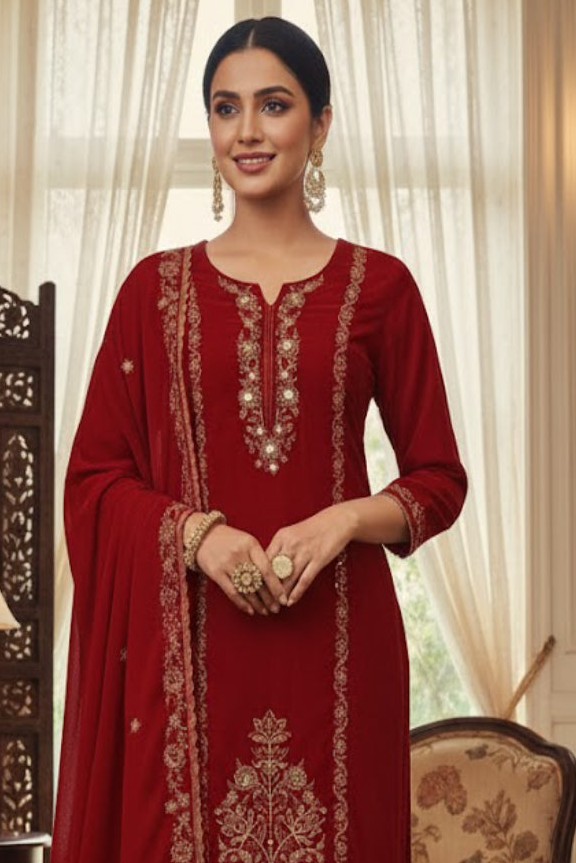 “Premium Red Velvet Suit with Intricate Golden Embroidery”