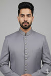 Stitched Designer Suit With Unstitched Pant Fabric – Silver Grey
